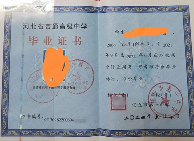 山西任丘市第一中学高中毕业证样本图片