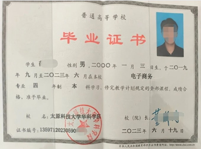 山西太原科技大学华科学院毕业证样本图片