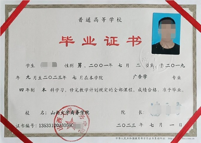 山西山西大学商务学院毕业证样本图片